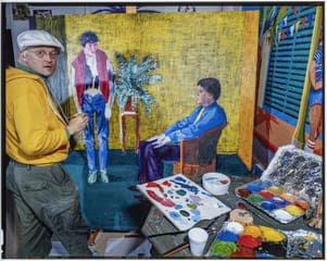 David Hockney with artwork and paint